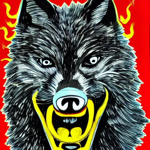 Prompt: portrait of ugly wolf, retarded, eyes in different directions, rabies, missing teeth, propaganda style, vivid colors