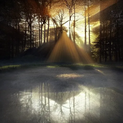 Image similar to Extremely detailed photo-realistic reflections of A Beautiful organic super structure emerging from crepuscular rays by erik johansson