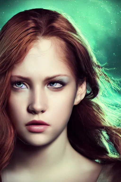 Image similar to pretty female wizard posing in front of plains + auburn hair + green eyes + elegant + warm hairlight + dramatic light + photorealistic + octane render + large well-defined eyelids + big astonished eyes + translucent skin + glossy lips + generous