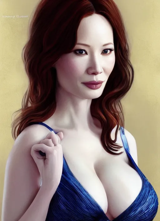 Image similar to photo of a gorgeous christina hendricks / lucy liu hybrid in the style of stefan kostic, realistic, professionally, professionally color graded, half body shot, sharp focus, k high definition, insanely detailed, intricate, elegant, art by stanley lau and artgerm