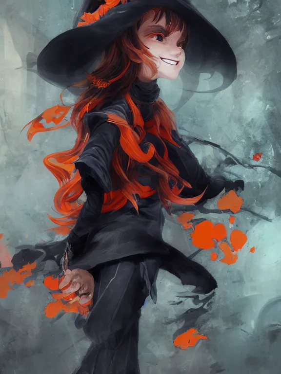 Prompt: Full shot of a mischievous young witch with a cute smile about to get up to some trouble. Latin inspired fashion. Black and Orange palette. Latina girl. From Encanto. By Ruan Jia and Artgerm and Range Murata and WLOP and CLAMP and Loish. Key Art. Fantasy Illustration. award winning, Artstation, intricate details, realistic, Hyperdetailed, 8k resolution.
