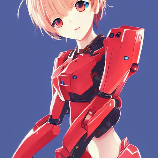 Image similar to digital anime art. full body. cute girl red mech arms and mech legs. blue eyes. gold short hair. wlop, rossdraws, sakimimichan