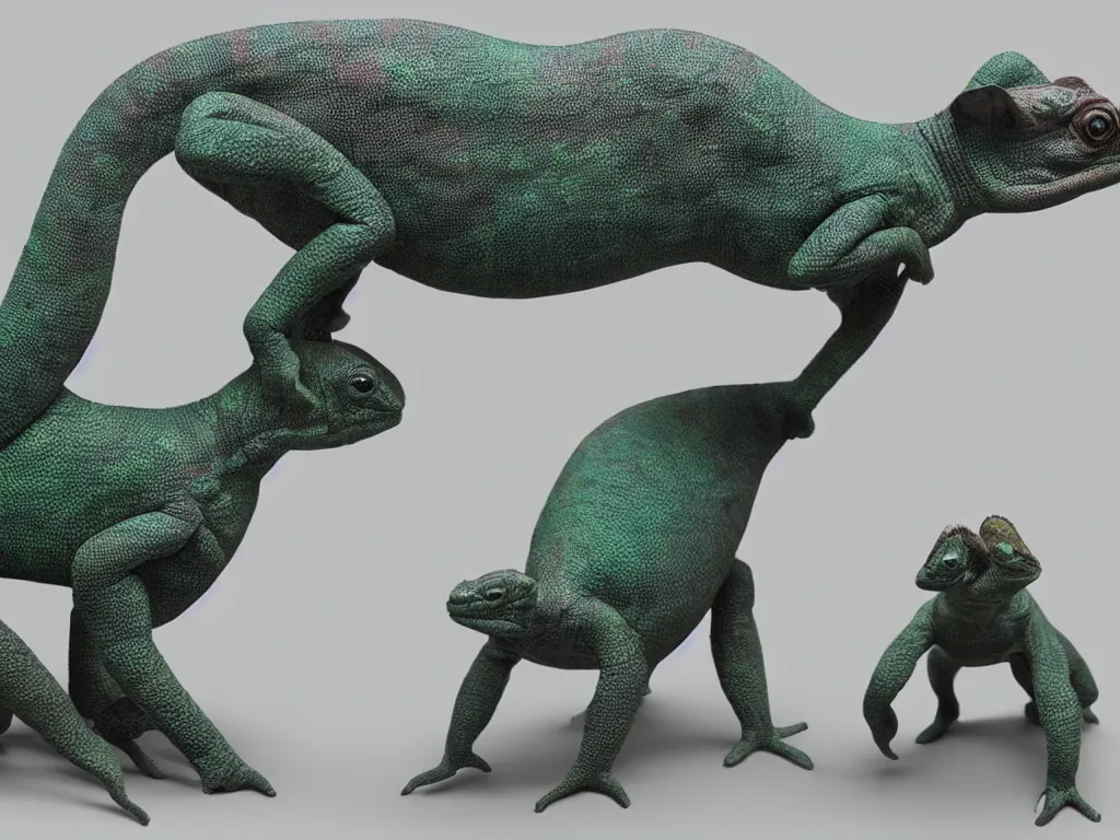 Prompt: Chameleon and tapir collaborating when crafting a lambda statue. Hyper realistic 3D rendering