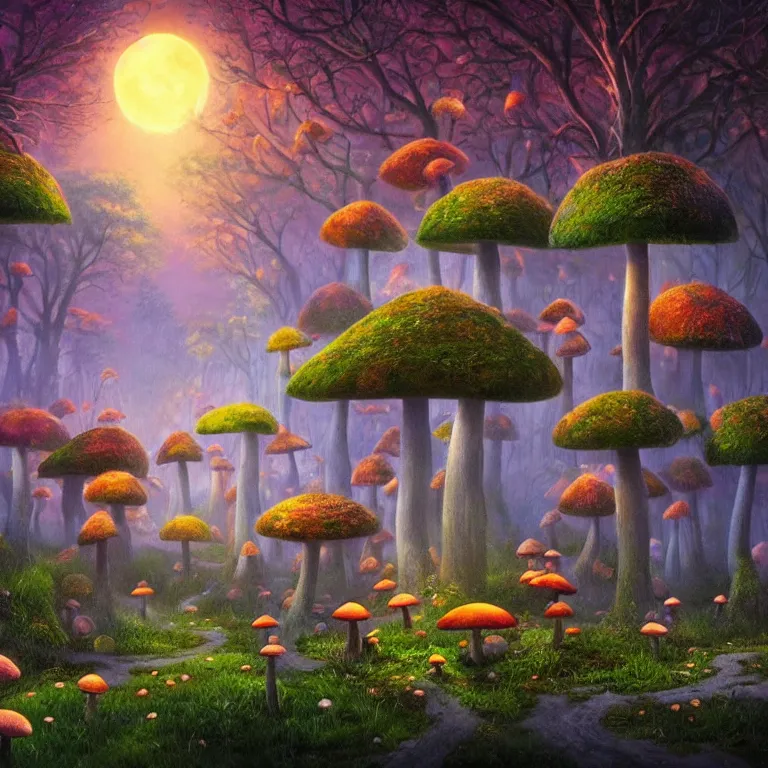 Image similar to an enchanted mushroom forest inspired by Evgeny Lushpin, midnight, full moon, cinematic, intricate, very detailed