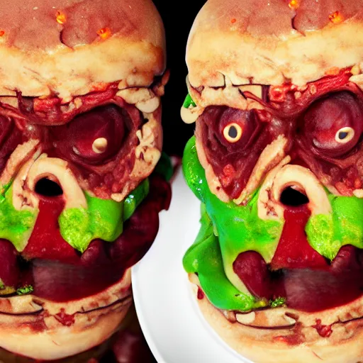 Image similar to a humanoid bipedal upright zombie that strongly resembles a hamburger, professional food photography