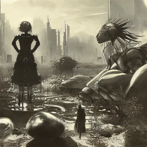 Image similar to a beautiful portrait of Nier Automata in a science fiction environment by ansel adams