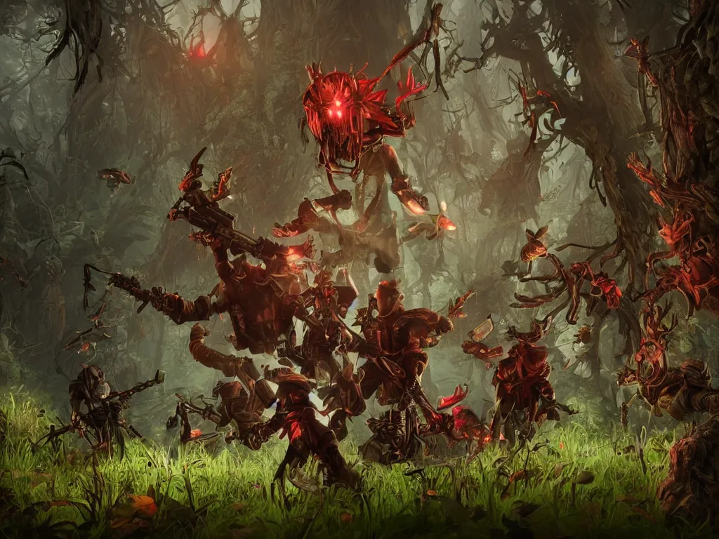 Prompt: red ridding hood and a troop of gamekeepers hunt mystical forest monsters. all wearing a steampunk and neonpunk mechanical fluorescent mystical animal masks. realistic fornite style. full body. product introduction photos. luminescent, elements, by tooth wu and wlop and beeple and greg rutkowski. epic cinematic shot, perfectly defined features, ambient occlusion