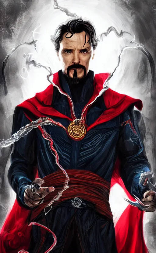 Prompt: venom as doctor strange, black and red suit, dynamic lighting, photorealistic fantasy concept art, trending on art station, stunning visuals, terrifying, creative, cinematic