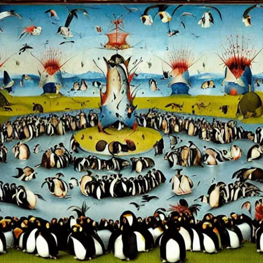 Image similar to the garden of earthly delights but with penguins, lots of penguins, Hieronymus Bosch, triptych