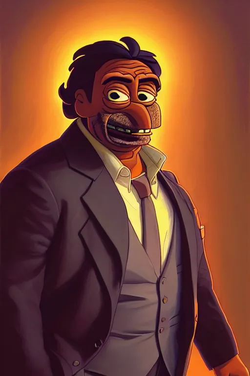 Image similar to clear portrait of apu from the simpsons, cottagecore!!, mafia background hyper detailed, character concept, full body, dynamic pose, intricate, criminal appearance, highly detailed, digital painting, artstation, concept art, smooth, sharp focus, illustration, art by artgerm and greg rutkowski and alphonse mucha