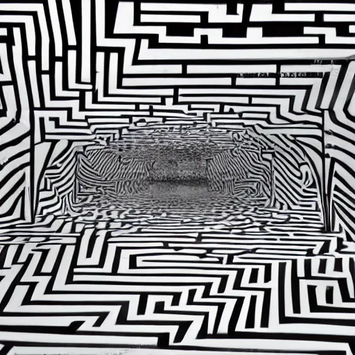 Prompt: : black and white maze pattern art installation in museum