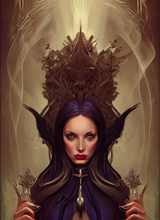 Prompt: tarot!!, high priestess, no noise, elegant, concept art, sharp focus, beautiful face!!, digital art, smooth defined outlines!!, human anatomy, human structure, vector background, dark fairy queen, by Brom, trending on Artstation, Tom Bagshaw, Sargent