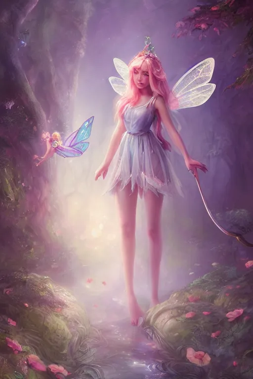 Image similar to a cute fairy in the dreamy forest, fantasy, dreamlike, 8 k resolution, hyper detailed, d & d, character design, digital painting, trending on artstation, sharp focus, illustration, art by viktoria gavrilenko, hoang lap, fuji choko, steve zheng