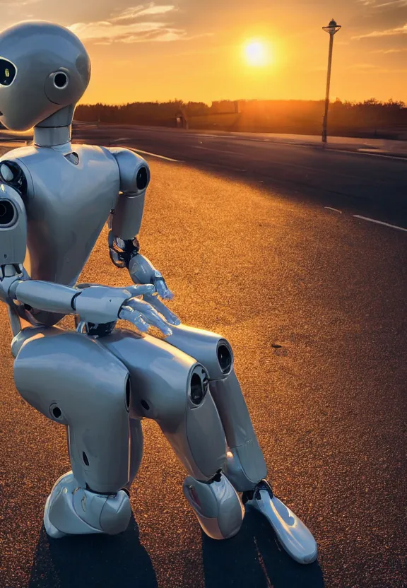 Image similar to a calming photograph of a slender, humanoid robot caresses a beautiful human woman in the face, large shot, wide shot, in a street, sunset photo