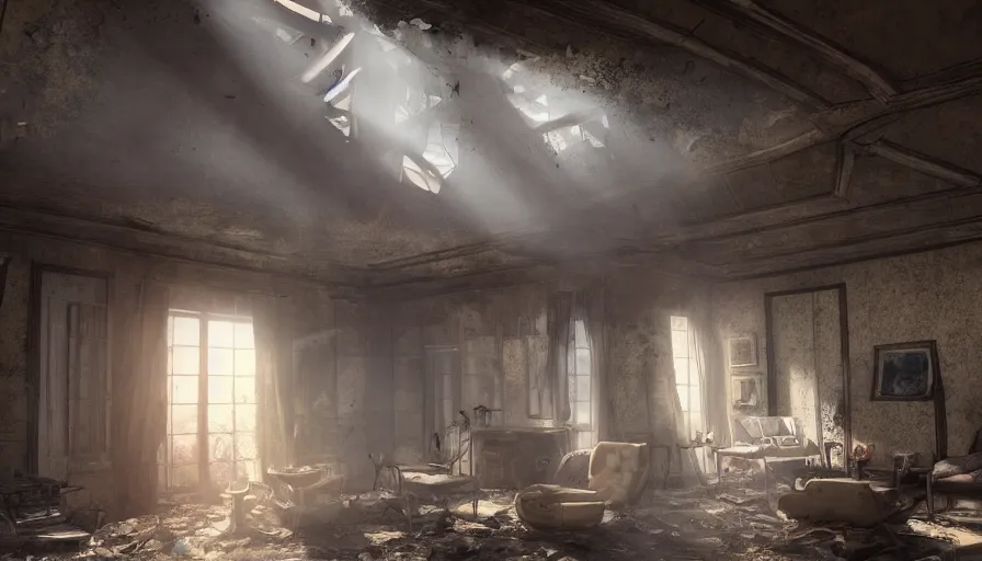 Prompt: abandoned 2 0's house with sunlight coming through old dusty windows, collapsed ceiling, dirt, old furnitures, hyperdetailed, artstation, cgsociety, 8 k