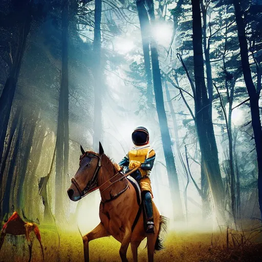 Image similar to arrows struck astronaut riding a horse in a fantasy forest, landscape, morning ambience, cinematic, digital art, front lit, epic, cinematic