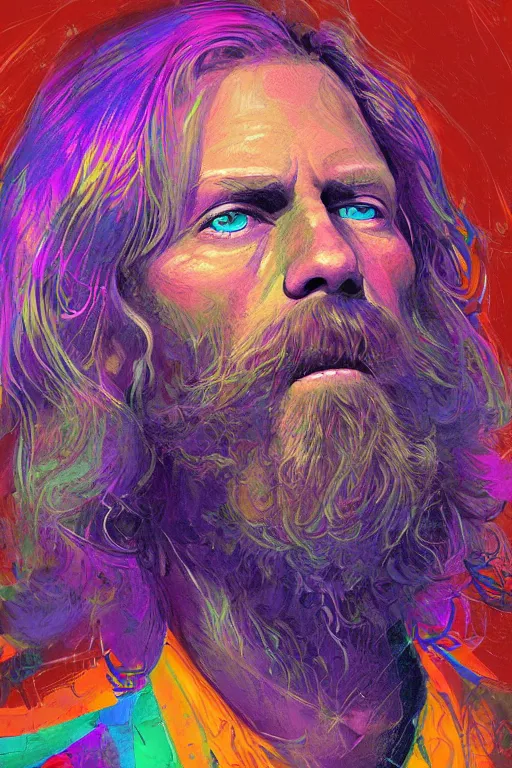 Image similar to a professional painting of Duane Allman, in brightly colored psychedelic shirt, long hair, beautiful bone structure, symmetrical facial features, intricate, elegant, digital painting, concept art, smooth, sharp focus, illustration, from StarCraft by Ruan Jia and Mandy Jurgens and Artgerm and William-Adolphe Bouguerea, epic, stunning, gorgeous, intricate detail, much wow, 4K, masterpiece, trending on artstation