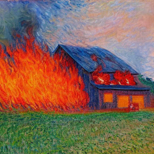 Image similar to a small barn engulfed in flames in the style of Monet