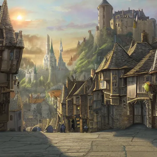 Image similar to elegant fantasy capital city, in the foreground sprawling houses and shops lining the crowded streets. in the background is a large stone castle with several tall spires. view from the ground looking from a street towards the castle. realistic, highly detailed painting concept art style