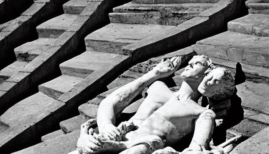 Image similar to 1 9 6 0 s movie still close - up of caligula laying dead on the ancient amphitheater's stairs wounded on the torso, cinestill 8 0 0 t 3 5 mm, high quality, heavy grain, high detail, dramatic light, anamorphic