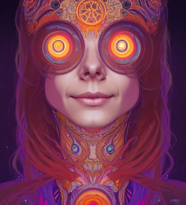 Image similar to symmetry!! portrait of hippie girl smiling, glowing eyes!! psychedelic, intricate, elegant, highly detailed, digital painting, artstation, concept art, smooth, sharp focus, illustration, art by artgerm and greg rutkowski and alphonse mucha, 8 k