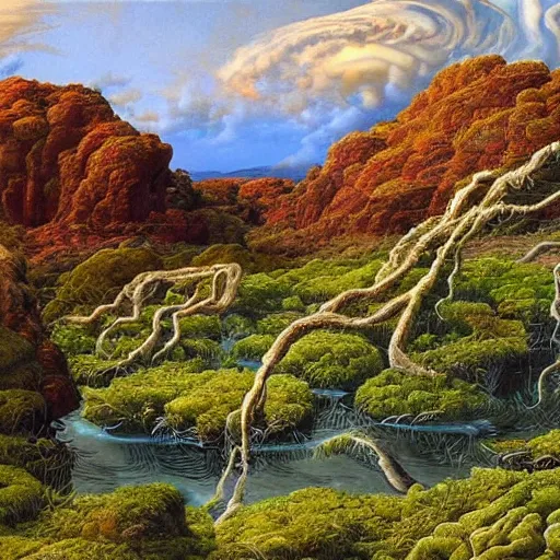 Prompt: painting of a lush natural scene on an alien planet by glenn brown. beautiful landscape. weird vegetation. cliffs and water.