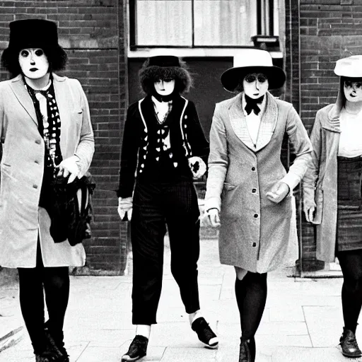 Prompt: hooligan punk woman, female droog, a clockwork orange, woman wearing bowler hat, 1 9 7 1, 1 9 7 1 dystopian england