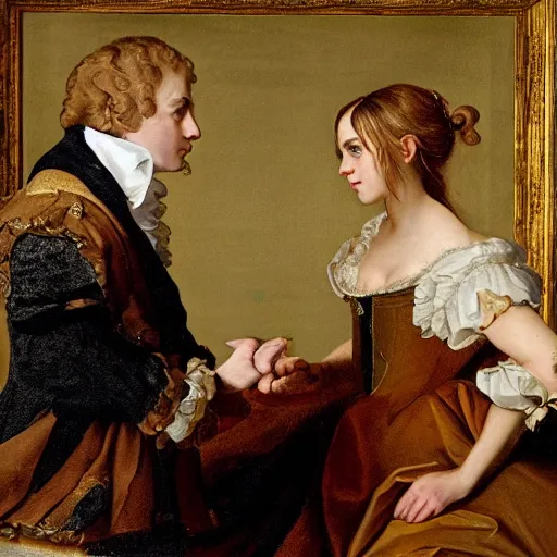 Prompt: Barock painting of Emma Watson having a conversation with Hermione Granger