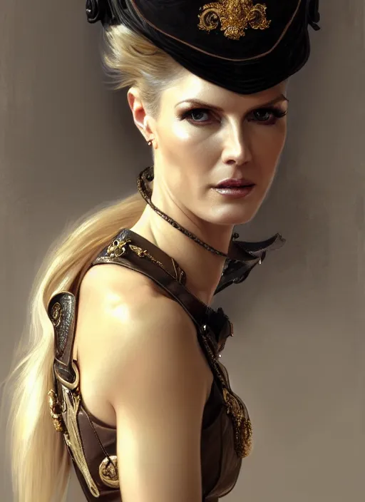 Image similar to portrait of victoria silvstedt as a lady, collar and leash, leather, greek, intricate, headshot, highly detailed, digital painting, artstation, concept art, sharp focus, cinematic lighting, illustration, art by artgerm and greg rutkowski, alphonse mucha, cgsociety