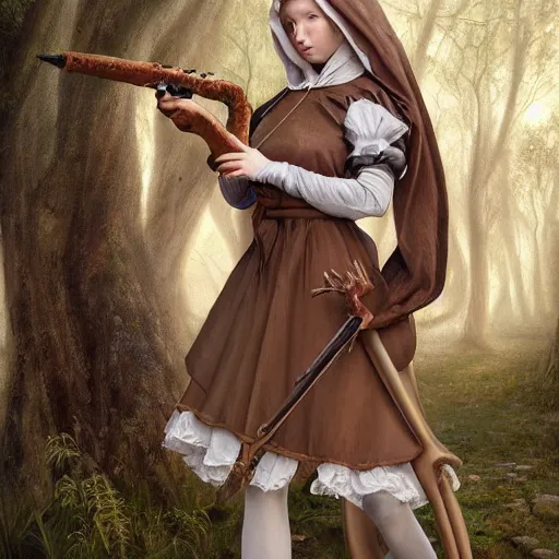 Image similar to A masterpiece portrait of a Incredibly beautiful maid barique renaissance swamp nun girl hunting on deer with russian greyhound medium shot, intricate, elegant, highly detailed. trending on artstation, digital art, by Stanley Artgerm Lau, WLOP, Rossdraws, James Jean, Andrei Riabovitchev, Marc Simonetti, Yoshitaka Amano. background by James Jean and Gustav Klimt, light by Julie Bell, 4k, porcelain skin.