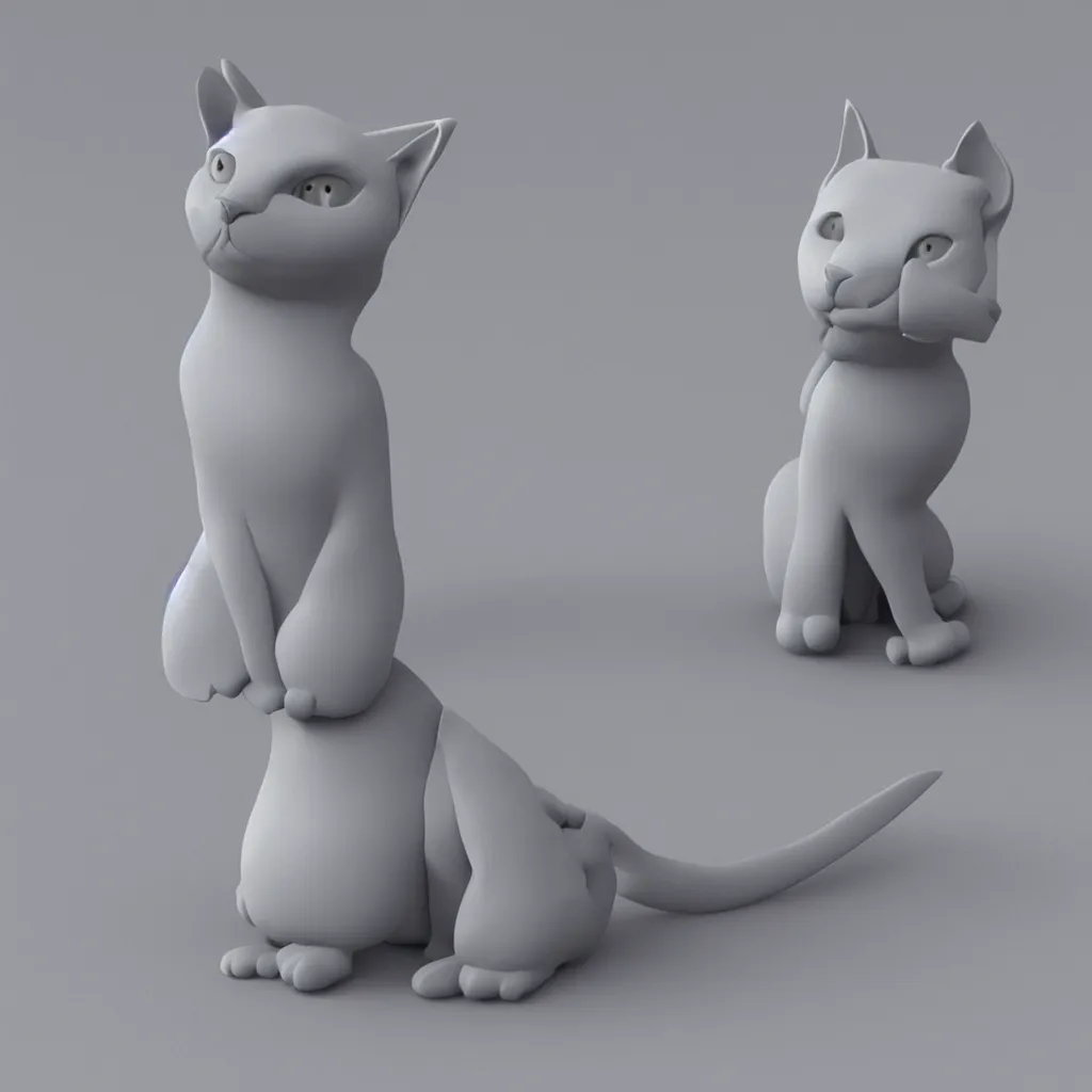 Image similar to 3 d graphic cartoon gray clay cat, shiny gloss