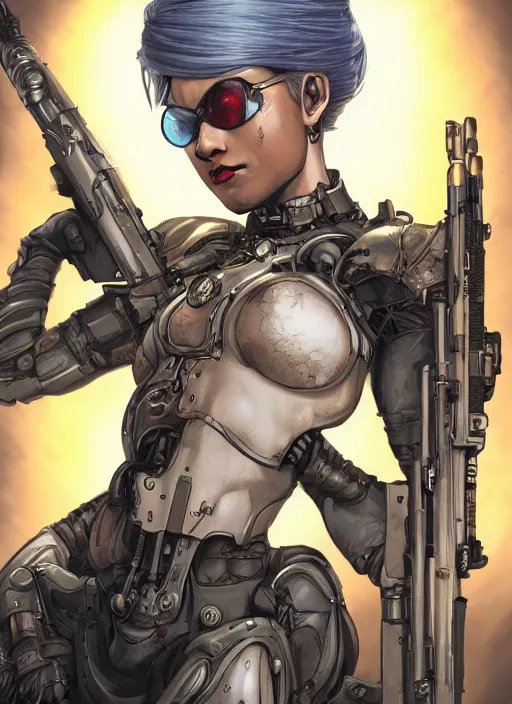 Image similar to 8K, realistic Lady Mechanika in a Comic Book cover, holding a shotgun, and wearing by Artgerm and Katsuhiro Otomo, trending on artstation, featured in Deviantart, Wallpaper, sharp focus, D&D, detailed, intricate, cinematic lighting,