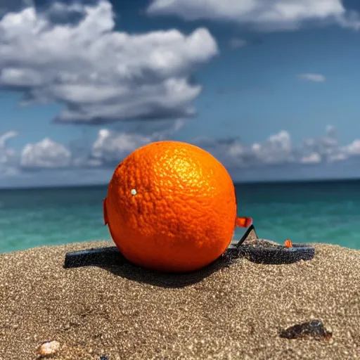 Prompt: a beautiful photo of a Orange wearing sunglasses at the beach, 4k