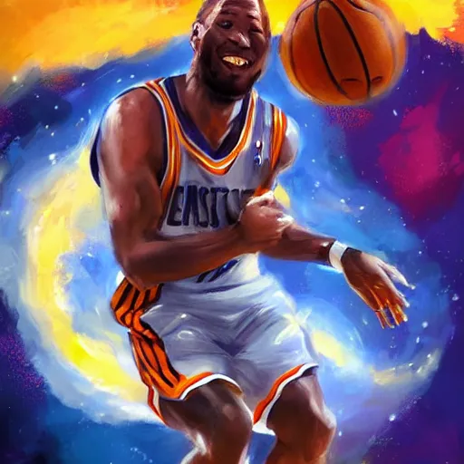 Prompt: Expressive painting of an NBA player dunking a basketball into the cosmic basket, evokes delight, digital art by Krenz Cushart, trending on artstation