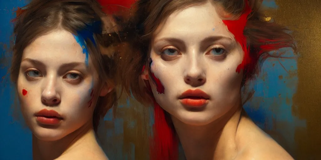 Prompt: abstract oil matte portrait painting, women infused and swimming in a golden liquid partially covered, red dollops, blue strains, detailed faces, wonderful masterpiece, highly detailed, beautiful cinematic light, deep focus, elegant, smooth, sharp focus, golden ratio, dramatic illumination, ultra realistic, 8 k, art by caravaggio, nathan law and greg rutkowski