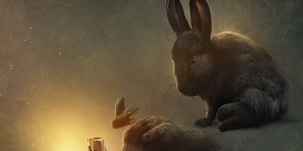 Image similar to black rabbit is watches on his smartphone, au naturel, hyper detailed, digital art, trending in artstation, cinematic lighting, studio quality, smooth render, unreal engine 5 rendered, octane rendered, art style by klimt and nixeu and ian sprigger and wlop and krenz cushart