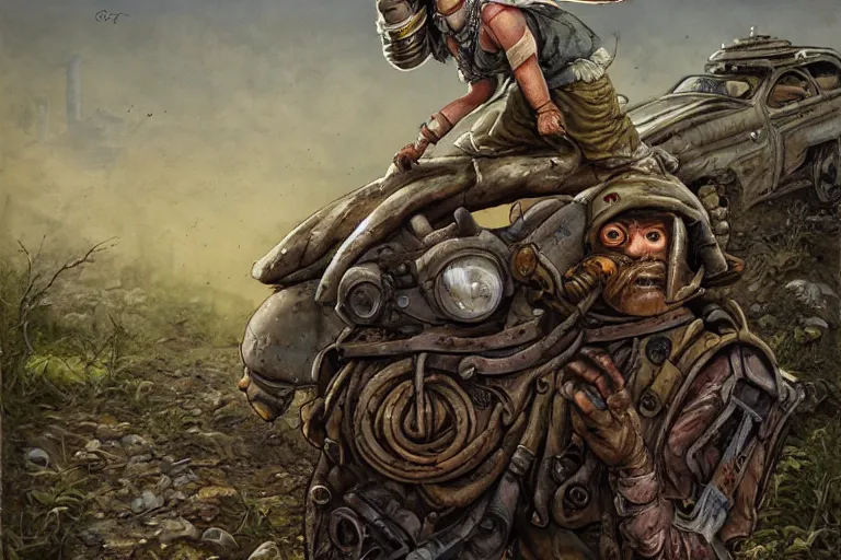 Image similar to a highly detailed garden gnome wearing goggles and head scarf hanging off the back of a car as its speeding down the highway, wasteland, post - apocalyptic road warrior vibe, full body, wide angle, an ultrafine detailed painting by p. craig russell and barry windsor - smith, trending on deviantart, octane, masterpiece