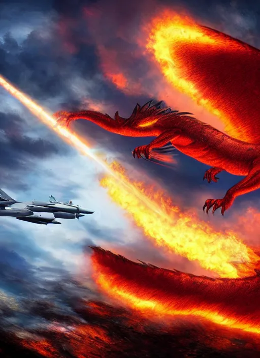 Image similar to a majestic firedragon creature fighting a fighter jet, 8 k, magic realism, beautiful composition