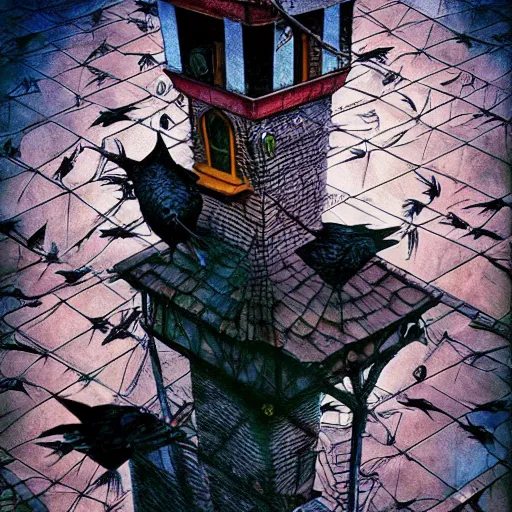 Image similar to A clown on the roof of the church playing with crows, by Android Jones and M. C. Escher collaboration, futurist, digital art, dramatic lighting, symbolic