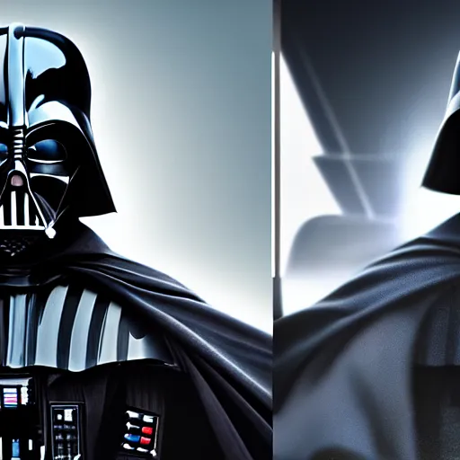 Prompt: A realistic photo with a mix of darth vader and batman from DC, hyper-realistic, 8K HDR