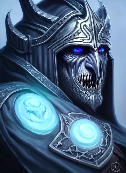 Image similar to portrait painting of lich king, acrylic, daz. detailed, portrait, oil painting, artstation, unreal 5, hd, artgerm, dnd, rpg