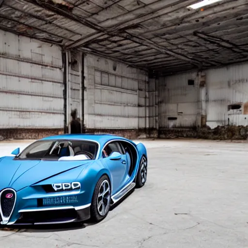 Image similar to an abandoned, derelict, rusty bugatti chiron in a dirty warehouse