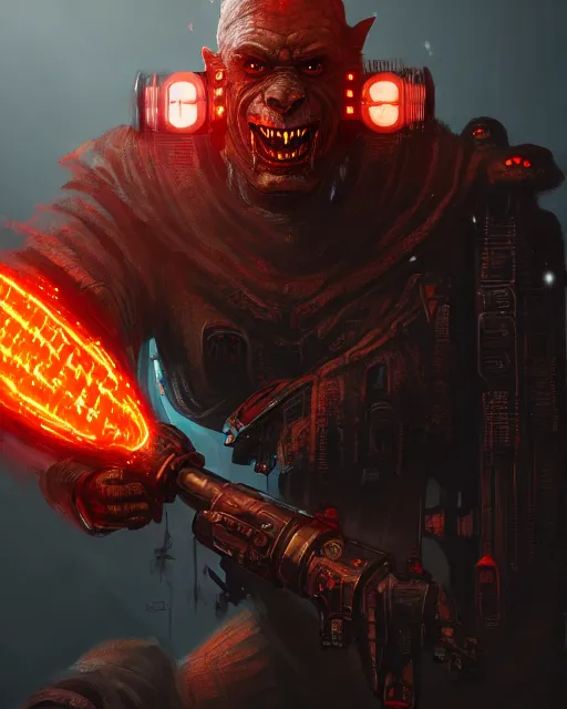 Prompt: a portrait of dark orc casting fire - ball and shoot it, cyberpunk concept art, trending on artstation, highly detailed, intricate, sharp focus, digital art, 8 k