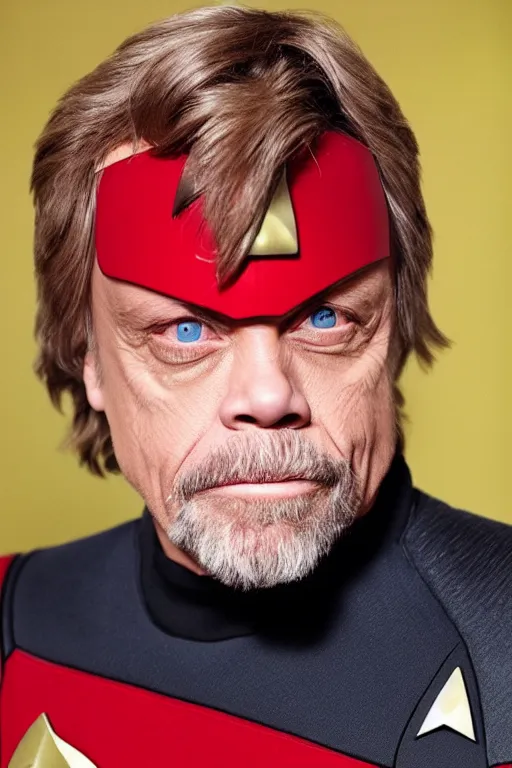 Image similar to photorealistic!! mark hamill as a star trek captain, red starfleet uniform, film quality