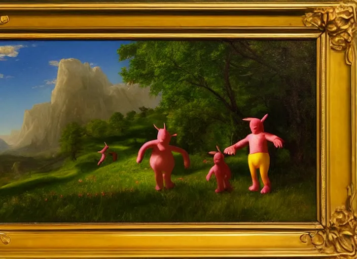 Image similar to american realist romanticism landscape painting of teletubbies in the style of hudson river school and thomas cole and albert bierstadt and robert duncanson