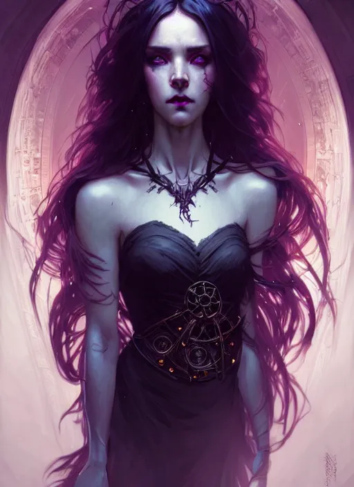 Image similar to Necromancer Sorceress, fantasy magic, undercut hairstyle, dark light night, intricate, elegant, sharp focus, illustration, highly detailed, digital painting, concept art, matte, art by WLOP and Artgerm and Greg Rutkowski and Alphonse Mucha, masterpiece