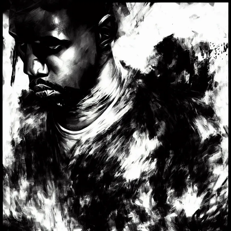 Prompt: kanye west. in style of yoji shinkawa and hyung - tae kim, trending on artstation, dark fantasy, great composition, concept art, highly detailed, dynamic pose, vibrant colours.