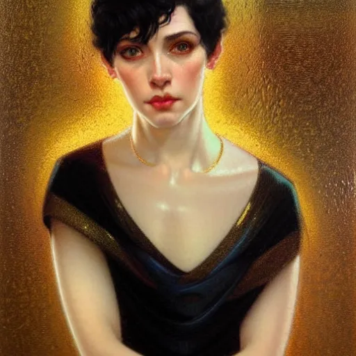 Prompt: Portrait of a beautiful pale skin Eastern European female with short black hair, dark eyes, elegant clothing, photorealistic, highly detailed, artstation, smooth, sharp focus, gold ornaments, neon lighting, sci-fi, art by Klimt, artgerm, Greg Rutkowski and Alphonse Mucha