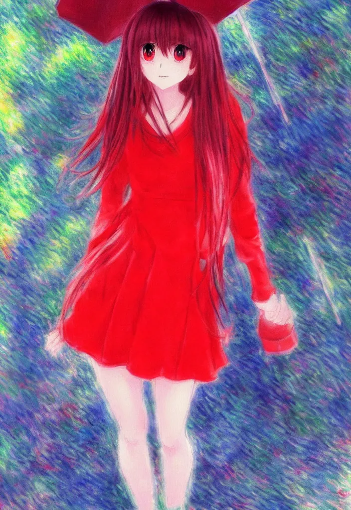 Image similar to medium shot portrait, a cute red outfit, tokyo anime scene, very anime in impressionist style, anime trending artwork, anime painter studio, by claude monet