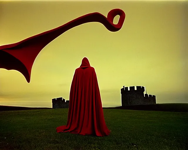 Prompt: by bruce davidson, by andrew boog faithfull redscale photography evocative. a beautiful kinetic sculpture of a horned, red - eyed, skeleton - like creature, with a long black cape, & a staff with a snake wrapped around it, standing in front of a castle atop a cliff.